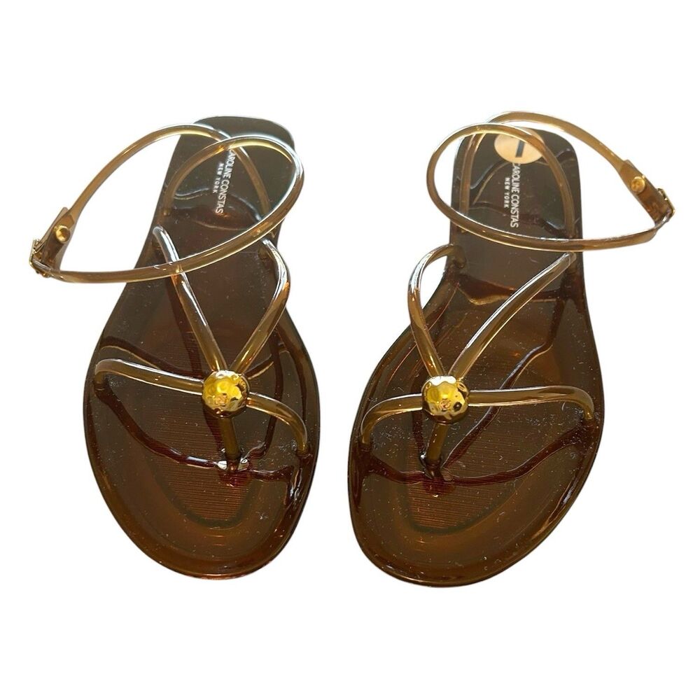 Caroline Constas Brown Jelly Sandal NWOB Sz 7 Strappy Ankle Buckle Gold Accent